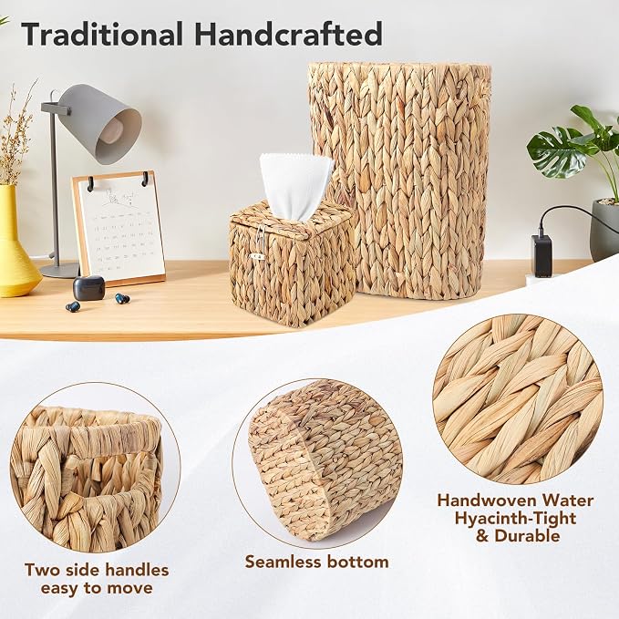 Bathroom Accessory Set, 10 Pieces Bath Set- Wicker Trash Can Tissue Box Soap Dish Toothbrush Holder Rinse Cup Lotion Bottle Toilet Brush Qtip Holder - Practical Bathroom Decor Sets (White, Bath Set)