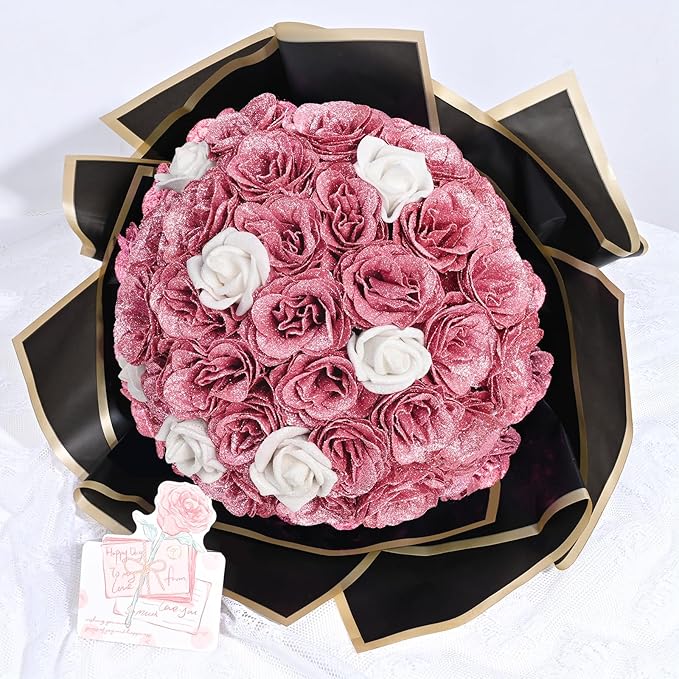 36+20 Glitter Roses Bouquet, DIY Fake Flowers Bouquet, Craft The Initials of Your Loves' Name with Artificial Rose for Valentines, Anniversary, Wedding, Rose Gold & White