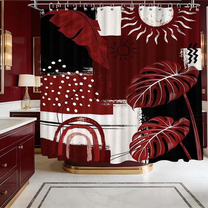 Extra Long Shower Curtain Extra Tall Black and Red XL Burgundy Tropical Leaf Shower Curtains for Large Bathroom Decor Sets, Waterproof Cloth Fabric with Hooks, 108x72 Inch