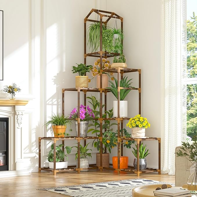 EnHomee 64.2" Corner Plant Stand Indoor Tall Plant Shelf for 13-19 Pots Tiered Plant Stands for Outdoor, Multiple Plants Tiered Wood Shelf for Living Room, Balcony, Patio