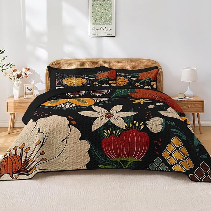 Quilt Set Full/Queen Size, Black Tropical Floral 3 Pcs Soft Bed Cover Bedding Set, Farmhouse Botanical Lightweight Bedspread Coverlet with 2 Pillow Sham for All Season