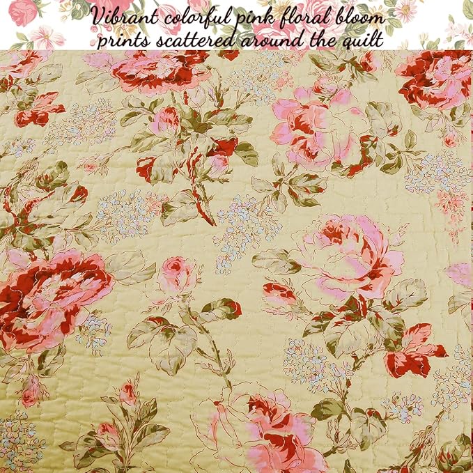 Cozy Line Home Fashions Lelia Pink Rose Blooming Floral Vintage Yellow 100% Cotton Reversible Quilt Bedding Set, Coverlet Bedspread (Rose Vivid, King - 3 Piece)