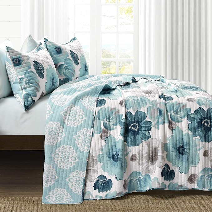 Lush Decor Leah Reversible Floral Quilt Set, 3 Piece Set, King, Blue - Watercolor Botanical - Cottage Core - French Country Decor- Bedding Queen Size