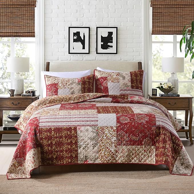 Yvooxny King Quilt Set Quilted Bedspread Country Farmhouse Cottage Vintage Ditsy Floral Paisley Style Reversible Lightweight Coverlet Set Real Patchwork Quilt for All Seasons, Antique Rose, King Size