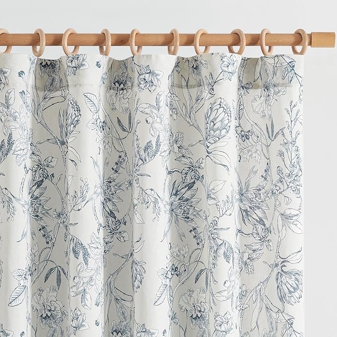 jinchan Floral Curtains 63 Inch Length Blue Flower Linen Farmhouse Curtain for Living Room French Country Vintage Curtain Rod Pocket Curtains Set 2 Panels Blue Floral Printed