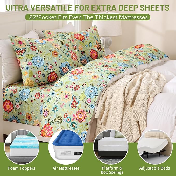 Bedlifes Queen Size Extra Deep Pocket Sheet Sets - Fits Mattresses Up to 18-24" Thick, 4-Piece Microfiber Set with 1800 Thread Count, Soft, Smooth, Breathable, Featuring Floral Sage Green