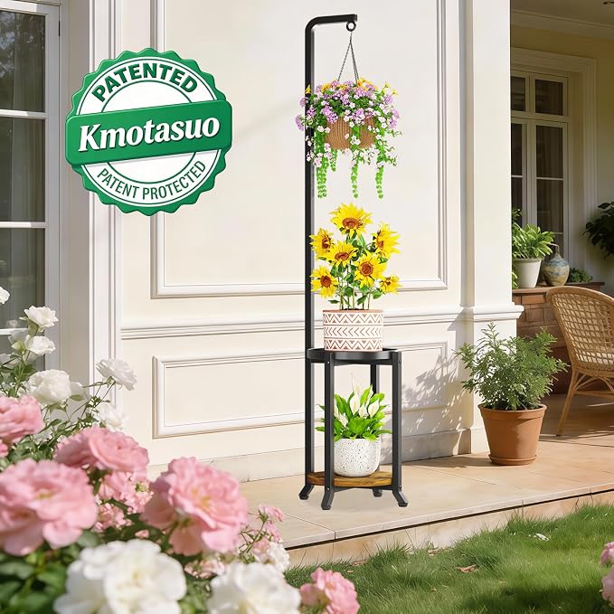 KMOTASUO Black 2 Tier 61.5 Inch Plant Stand Indoor with Hanging Ring, Tall Large Heavy Duty Metal Vertical Rack for Multiple Planter, Sturdy Rustic Corner Flower Shelf Holder Organizer for House Patio