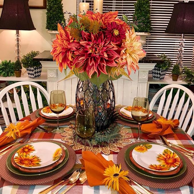 Briful Fall Flowers Artificial Bouquet for Decoration, Fake Silk Flowers Arrangements with Dahlia & Mums Mixed Autumn Floral Stems for Home Room Fall Table Centerpiece Wedding Party Decor