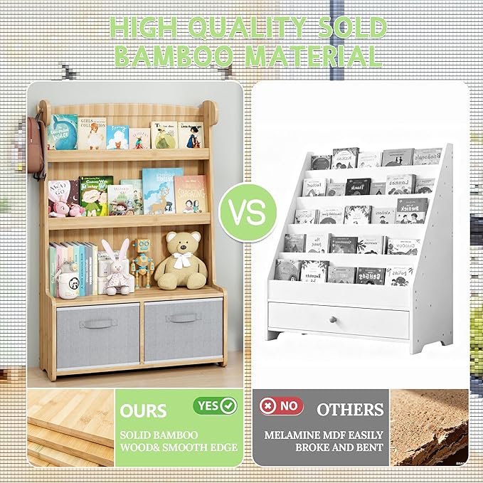 Kids Bookshelf and Toy Storage Organizer, 3 Tier Bamboo Todders Book Shelf Large Book Rack for Child Room Playroom Nursery for Kids, Children, Toddlers (Nature)