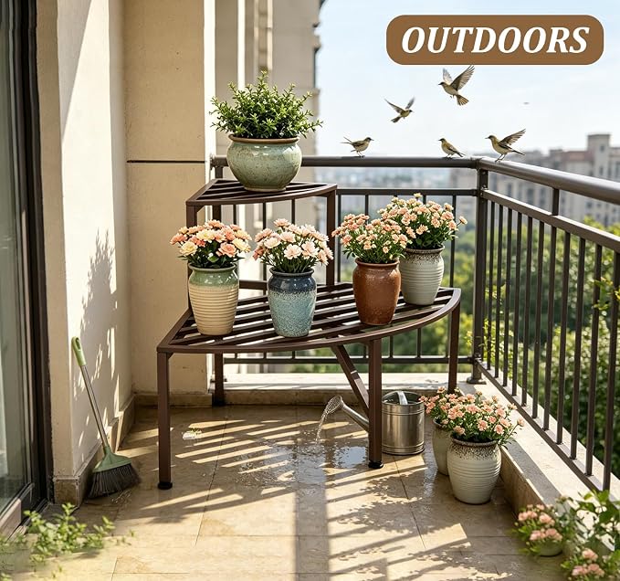 Dipion Corner Plant Stand Outdoor Metal,2 Tier Heavy Duty Ladder Plant Shelf Indoor for Multiple Plants,37.08" L x 22.83" W x 20.07" H,Coffee
