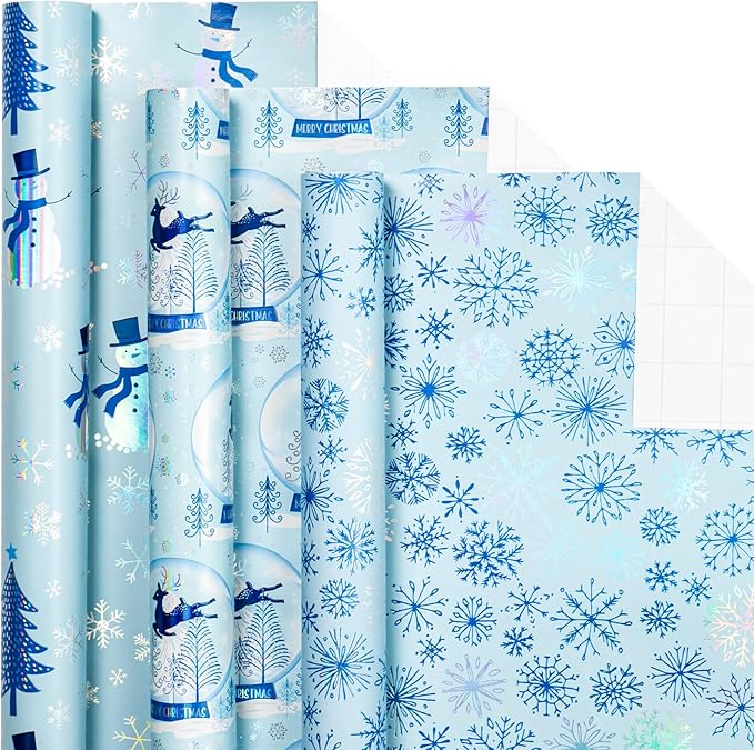 LeZakaa Blue Christmas Wrapping Paper Mini Roll, Snowman Reindeer Crystal Ball Snowflake Tree Metallic Foil Holiday Gift Wrap, Arts Craft, for Xmas Winter Party, 17 x 120 inches, 3 Rolls