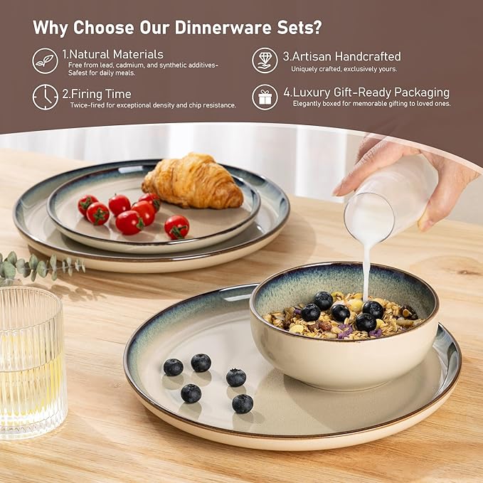 GBHOME Ceramic Dinnerware Sets for 6, 18 Pieces Stoneware Plates and Bowls Sets, Reactive Glaze Dishes -Scratch Resistant, Dishwasher&Microwave Safe,Pale Khaki