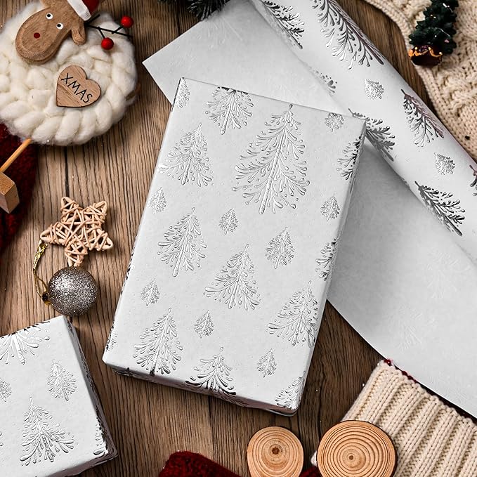 Flyhill Kraft Christmas Wrapping Paper,Silver Gold 3D Embossed Foil Christmas Tree with Woodlands Wrap Paper for Holiday, Party,Celebration, New Year (17 Inch X 32.8 Feet)