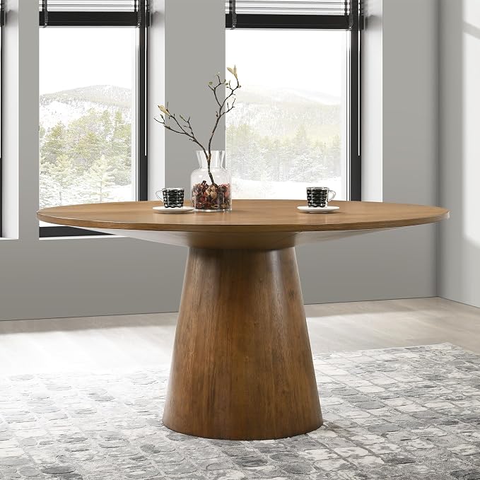 Terra 59" Round Transitional Dining Table, Engineered Wood, Smooth Finish, Mid-Century Modern Pedestal Base, 1" Thick Tabletop, Seats 4, Kitchen or Dining Room Furniture, (Walnut)
