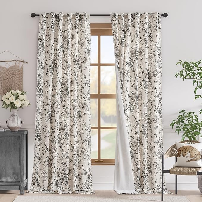 jinchan Blackout Linen Blend Curtain Floral Blackout Curtains for Living Room 102 Inch Length Black Printed with Lined Blackout Curtain for Bedroom Farmhouse Curtain Set 2 Panels