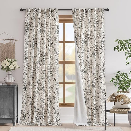 jinchan Blackout Linen Blend Curtain Floral Blackout Curtains for Living Room 102 Inch Length Black Printed with Lined Blackout Curtain for Bedroom Farmhouse Curtain Set 2 Panels