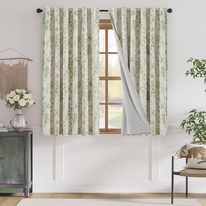 jinachan Blackout Curtains Linen Blend Floral Curtain for Living Room 63 Inch Length Christmas Sage Green Flower Printed with Lined Blackout Drapes for Bedroom Farmhouse Curtains Set 2 Panels