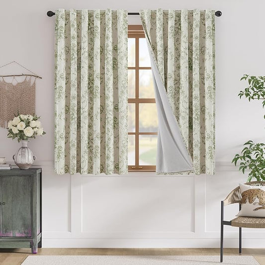 jinachan Blackout Curtains Linen Blend Floral Curtain for Living Room 63 Inch Length Christmas Sage Green Flower Printed with Lined Blackout Drapes for Bedroom Farmhouse Curtains Set 2 Panels