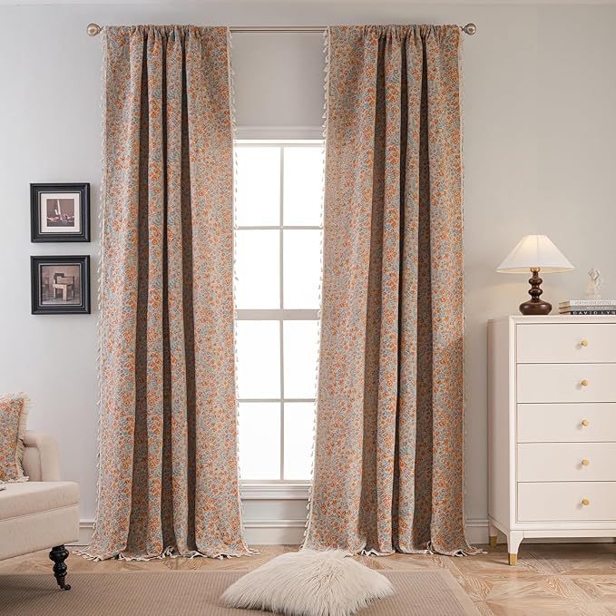 ENJOYBRIDAL Orange Floral Curtains 96 Inch Long Boho Light Filtering Drapes Vintage Jacquard Rod Pocket Semi Sheer Window Curtain Panels Bedroom Living Room Tassel 2 Panels Set Window Treatments