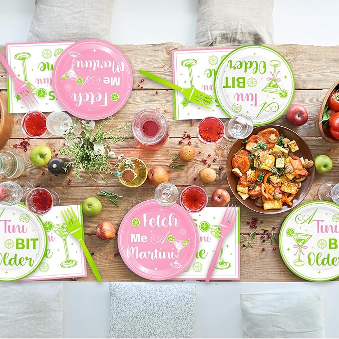 48Pcs Pink and Green Martini Birthday Party Decorations Plates A Tini Bit Older Birthday Plates Napkins Forks for 16 Guests Martini Party Supplies