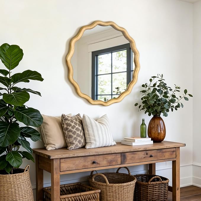 AMOISE Scalloped Round Mirror 24", Boho Wavy Wooden Frame Wall Mirror, Shatterproof Circle Accent Mirror for Bathroom, Bedroom, Entryway and Living Room