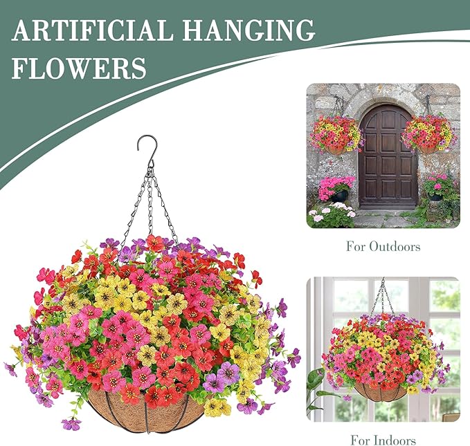 AGIRL Artificial Flowers Hanging Plants in Basket,Artificial Hanging Flowers for Outdoor Indoor Decor,UV Resistant Hanging Baskets with Fake Flowers for Patio Garden Porch Deck Decoration