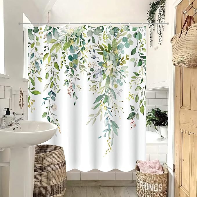 84 Inch Extra Long Green Eucalyptus Shower Curtain Watercolor Floral Plant Leaf Shower Curtains for Bathroom Botanical Flower Waterproof Fabric Bath Curtain with Hooks (Green, 72'' x 84'')