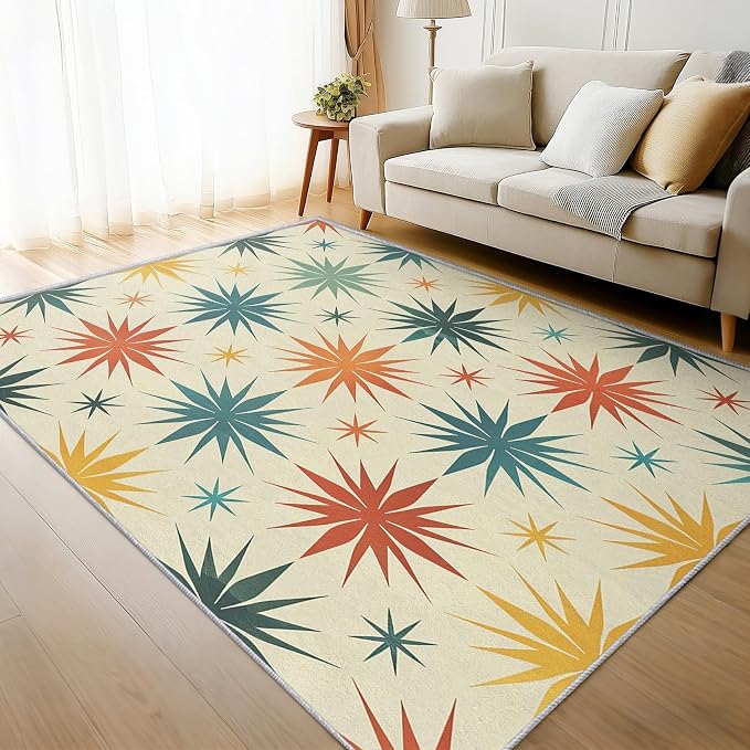 Retro Atomic Rugs for Living Room Decor, 6x9 ft, Mid Century Modern Area Rugs for Bedroom, Soft Non Slip Washable 50s Abstract Geometric Carpet Home Decorations D-g48