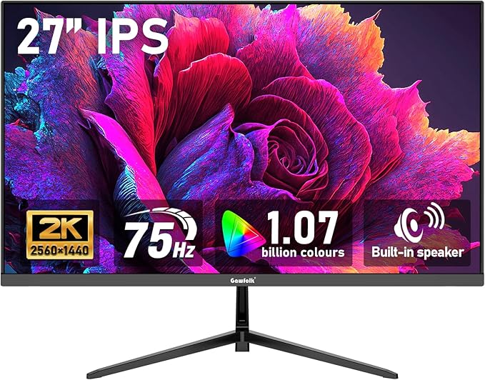 Gawfolk 27 inch IPS 2K QHD (2560×1440) Computer Monitor 75Hz Gaming PC Screen, 1ms，Adaptive Sync,100% sRGB, 1.07 Billion Colours,Built-in Speaker，Display 1.4、Port HDMI2.0, Black