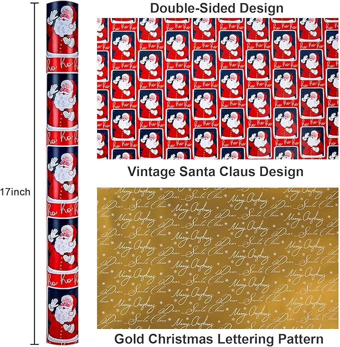 MAYPLUSS Vintage Christmas Santa Wrapping Paper Roll - 17 Inch X 33 Feet - Reversible Red Festive Season's Greetings Santa Holiday Christmas Gift Wrap Thick Paper for Holiday, Birthday, New Year