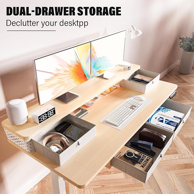 Electric Standing Desk with 4 Drawers 55''x 24'' Adjustable Height Sit to Stand Up Desk with Storage Shelf, C-Clamp Mount Compatible Black Home Office Desks Computer Gaming Table Ergonomic Workstation