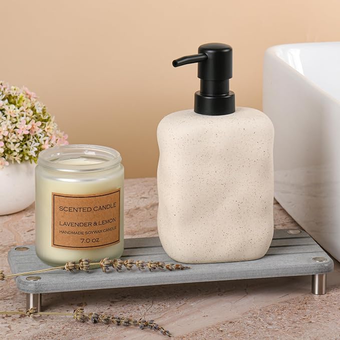Modern Ceramic Soap Dispenser, Beige Speckled Finish, Black Pump Top, Refillable Liquid Container for Bathroom Kitchen (Beige, 1 Pack)