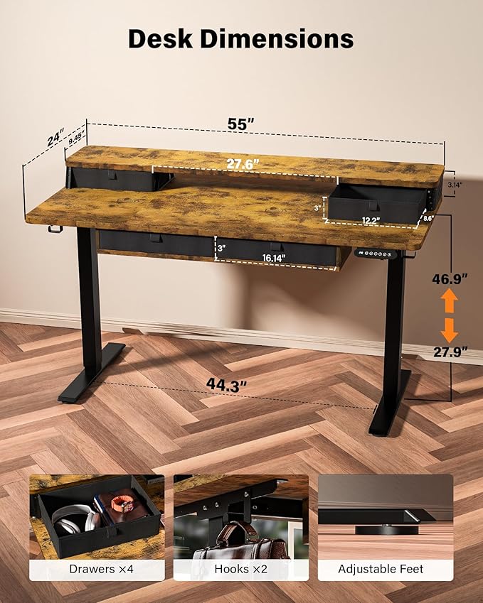 FiCiHi Adjustable Height Standing Desk with 4 Drawers,55 x 24 inches Electric Sit Stand Home Office Desk with Two Tiers, 3 Memory Presets, Monitor Stand Riser, C-Clamp Mount Compatible