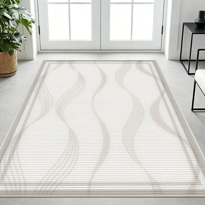 Merelax 5x8 Area Rug for Livingroom Bedroom - Washable Non-Slip Large Area Rug, Indoor Floor Carpet Low Pile Soft Rug for Dining Room, Mudroom, Modern Aesthetic Abstract Geometric Decor,Beige