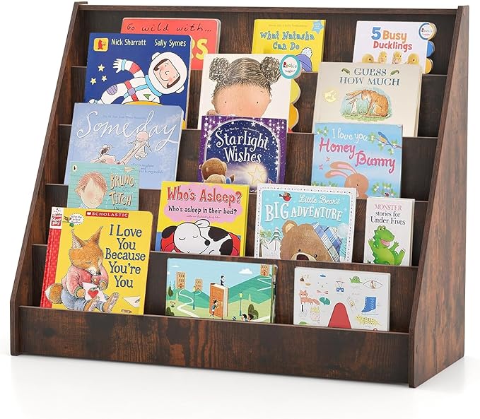 KOTEK 5-Tier Kids Bookshelf, Wooden Floor Display Shelf for Books and Magazines, Toddler Bookcase, Montessori Book Shelf for Kids Room, Daycare, Preschool, Classroom (Rustic Brown)