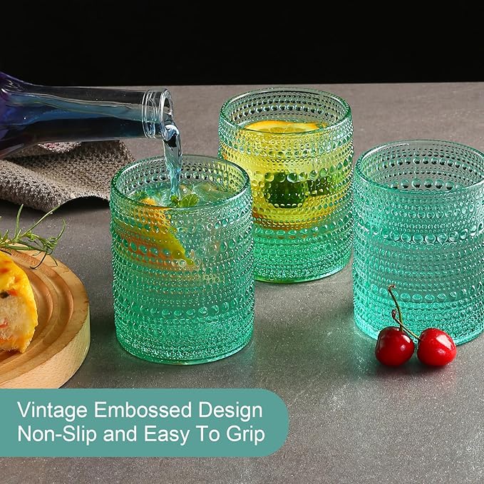 ZMOWIPDL Vintage Glassware Drinking Glasses Set of 6,12 oz Hobnail Glass Cups,Embossed Lake Blue Water Tumbler,for Beer,Cocktail,Whiskey,Juice and Various Mixed Drinks- 1 Cleaning Brush