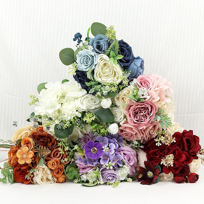 Set of 6 Wedding Bridesmaid Bouquets - 7 Inch Artificial Flowers Bouquets for Ceremony Anniversary Centerpieces Decorations - Pink & White