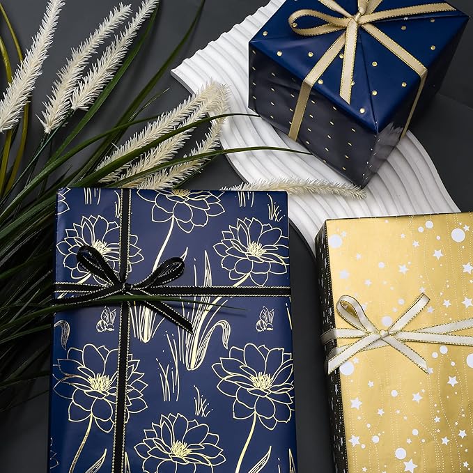LeZakaa Floral Wrapping Paper Roll, Luxury Metallic Gift Wrap with Floral, Stars & Polka Dot Design for Mothers Day, Wedding, Bridal Shower, Birthday, Anniversary, 17 x 120 inches, 3 Rolls, Mini Roll