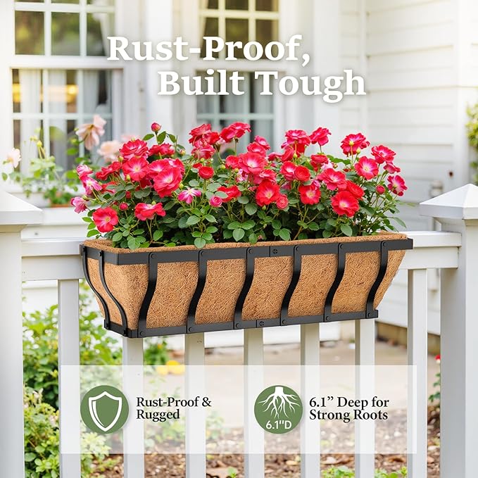 Railing Planter Boxes, Heavy Duty Window Box Planters, Adjustable Balcony Planters for Railing Hanging, with Coco Liner & Support Rod for Deck, Porch, and Patio Gardening (2 Pack, 24 Inch)