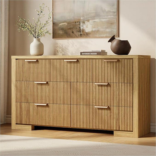 Fluted Dresser for Bedroom, 7 Drawer Dresser with Gold Handle, 54" Wide Chest of Drawers, Modern Wood Dressers Organizer for Bedroom, Liveroom, Entryway, Natural Oak