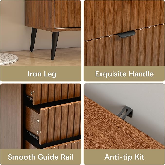Fluted Dresser for Bedroom with 4 Drawers, 24'' Wide Modern Dresser with Metal Handle, Natural Wood Dressers Organizer with Blister Drawers for Bedroom, Brown