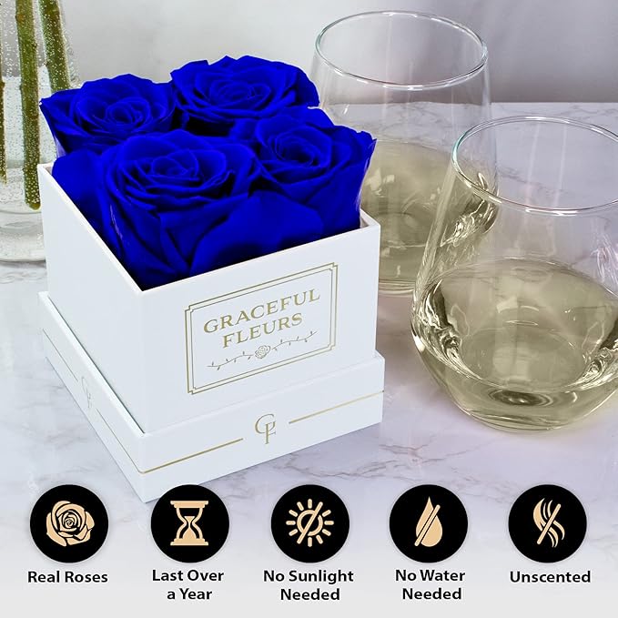 Graceful Fleurs | Real Long Lasting Roses for Years | Preserved Fresh Flowers for Delivery Birthday | Birthday Gifts for Women | Forever Roses in a Box (Blue, White Box, 4 Roses)