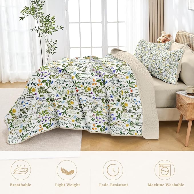 Quilt Set King Size, Garden Floral 3 Pcs Soft Bed Cover Bedding Set, Country Rustic Farmhouse Lightweight Bedspread Coverlet with 2 Pillow Sham for All Season