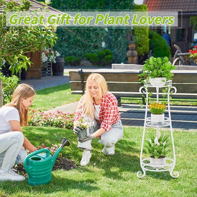 KMOTASUO 3 Tier Metal Plant Stand for Multiple Large Planters Indoor Outdoor Organizer, Heavy Duty Tall Flower Rack for Corner Patio Bathroom Office Corner, Modern Sturdy Vertical Iron Rack, White