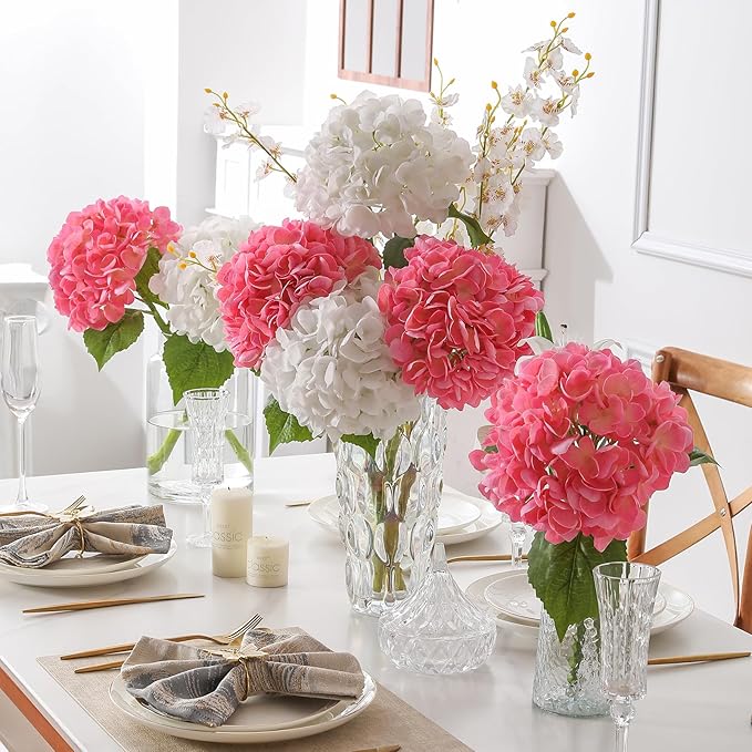 4Pcs Hydrangea Artificial Flowers, 22.44" Real Touch Latex Faux Hydrangea with Long Stems & Leaves for Home Office Decor or Wedding, Party, Centerpieces, Floral Arrangements (White&Pink)