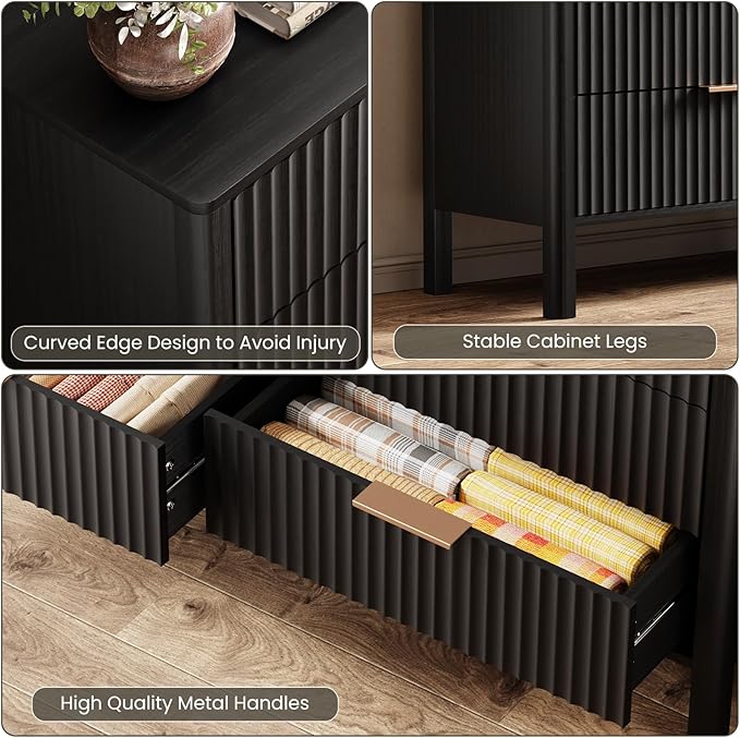 55" Wide Fluted 6 Drawer Dresser for Bedroom, Wooden Dresser Modern Chest of Drawers TV Stand Dressers with Organizer Storage for Bedroom, Living Room, Entryway, Hallway, Black