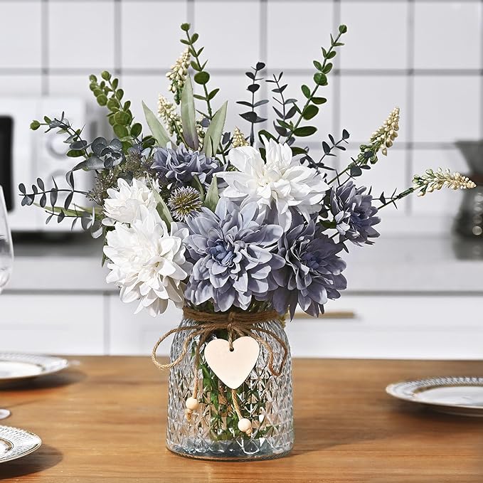 MARTINE MALL Fake Flowers in Vase, Faux Flowers in Vase, Dahlia Artificial Flowers in Vase Centerpiece Table Decorations Artificial Flower Arrangement for Home Dining Room Office Farmhouse, Blue