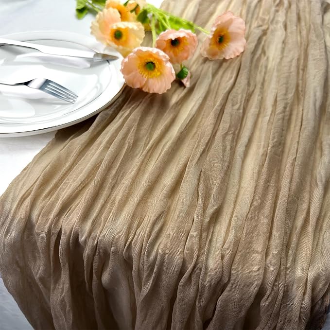 Booque Valley Nude Cheesecloth Table Runner 120 Inch 10ft Super Soft Boho Wrinkled Gauze Sheer Cloth for Baby Shower Birthday Bridal Shower Wedding Centerpiece Table Decoration, 3 Pack , Tan