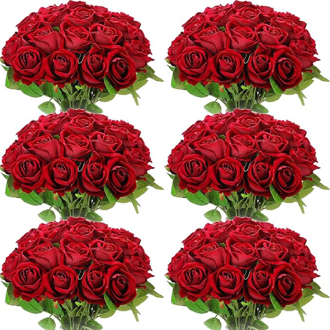 Jexine 50 Pcs Artificial Rose Flower Bulk Realistic Silk Fake Roses with Long Stem Plastic Artificial Flower Bouquet Real Looking for Home Wedding Centerpieces Party Decoration(Burgundy)