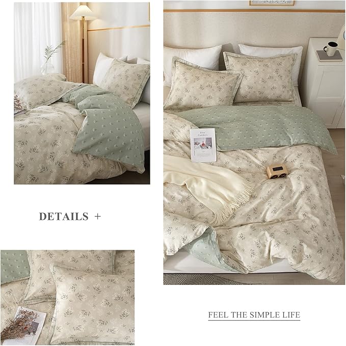 EAVD Boho Floral Duvet Cover Queen Soft 100% Cotton Garden Green Floral Bedding Set for Girls Women with 2 Pilowcases Reversible Floral Botanical Duvet Cover with Zipper Closure